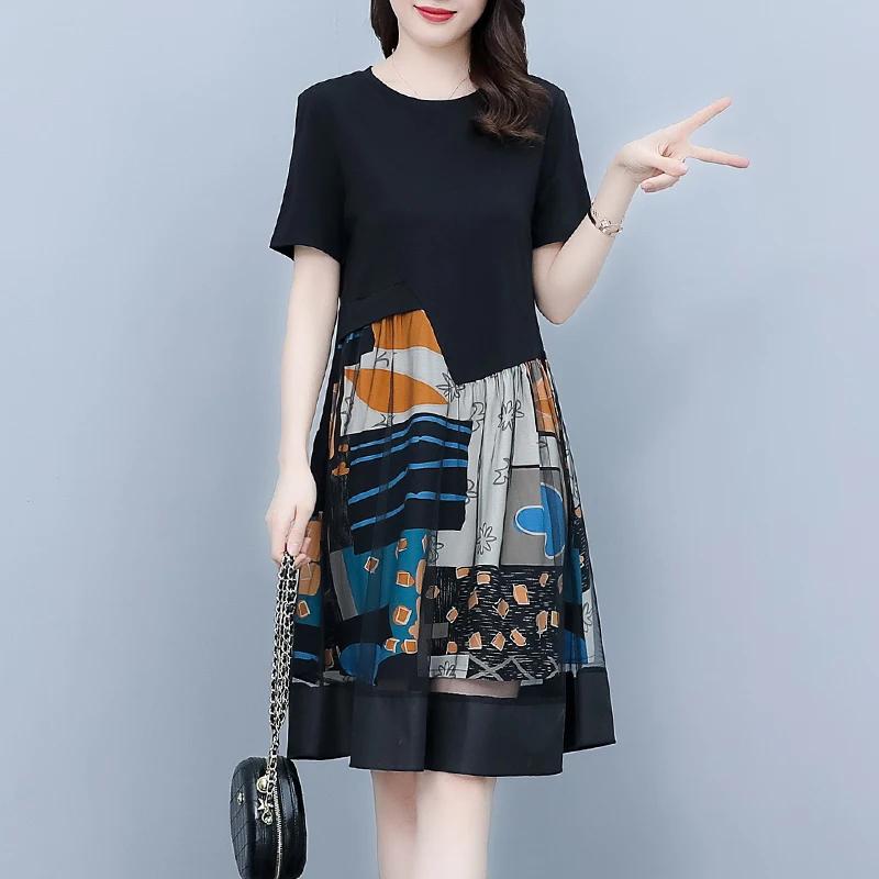 Vintage Large Size Womens Clothing Short Sleeve Printed T-Shirt Dress A-Line Top Loose Mesh Panel Dress jp123